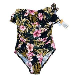Target Women Floral One Shoulder Ruffle One Piece Swimsuit Black Pink Size Small